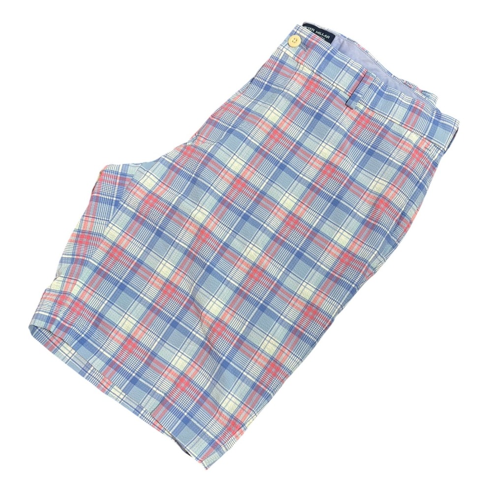Peter Millar Crown Crafted Mens 35 Blue Red Plaid Performance Golf Shorts